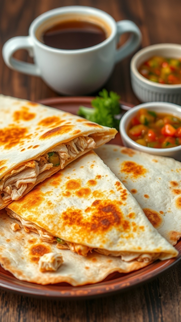 Crispy chicken quesadilla with melted cheese, served with salsa and a cup of coffee.
